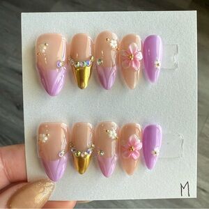 Handmade Pink & Gold Floral Press-On Nail Set